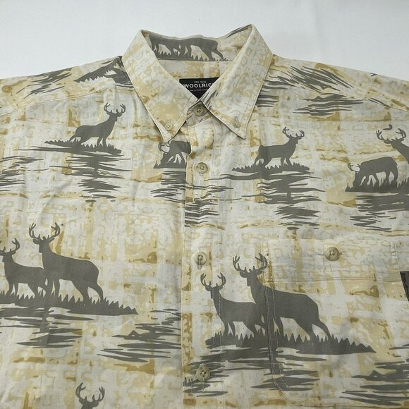 Woolrich Outdoor Button Shirt Men Size L Deer Elk Hunt Beige Short Sleeve Pocket - Picture 7 of 7